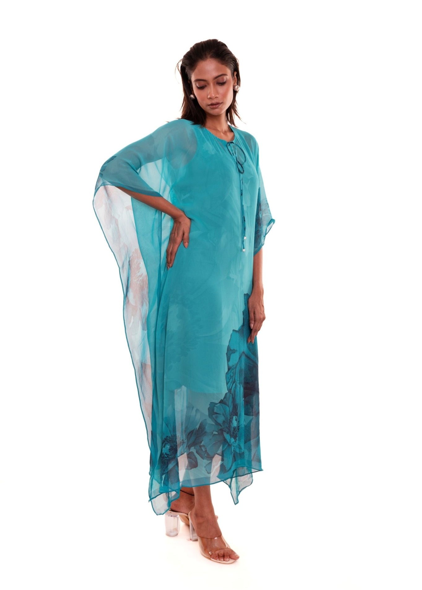 Blue Floral Georgette Kaftan Dress - Anvi Couture