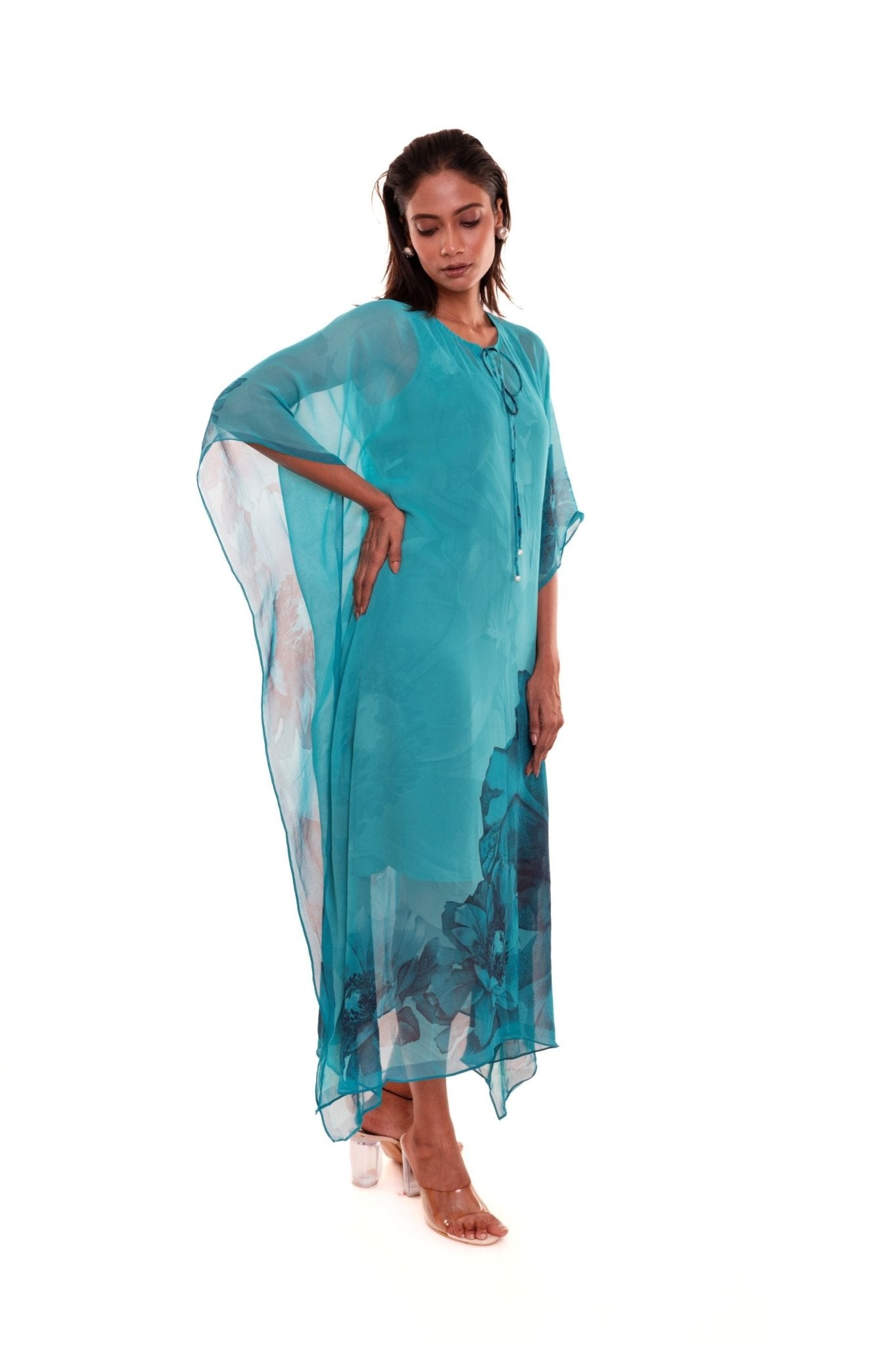 Blue Floral Georgette Kaftan Dress - Anvi Couture