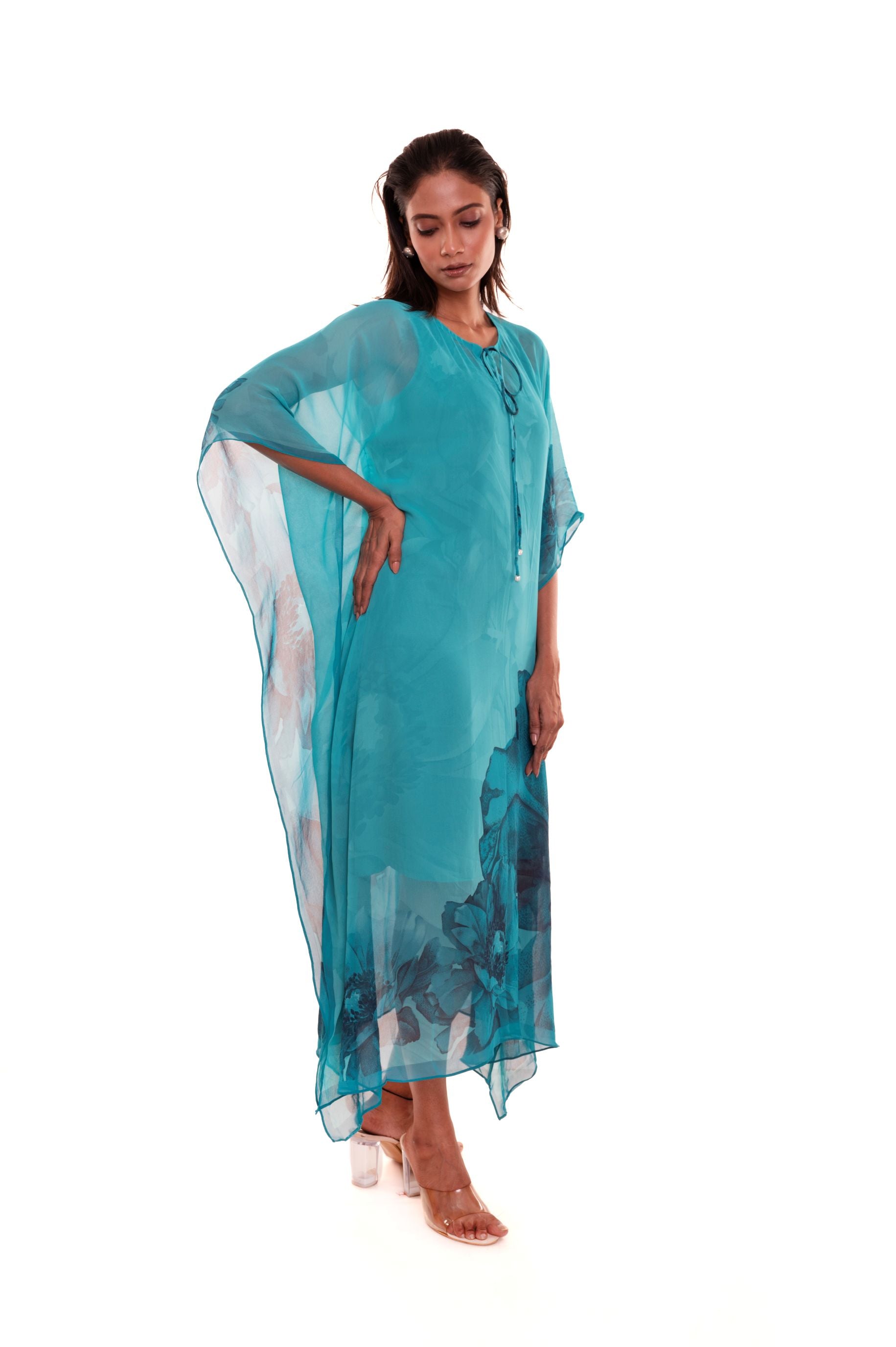 Blue Floral Georgette Kaftan Dress Front

