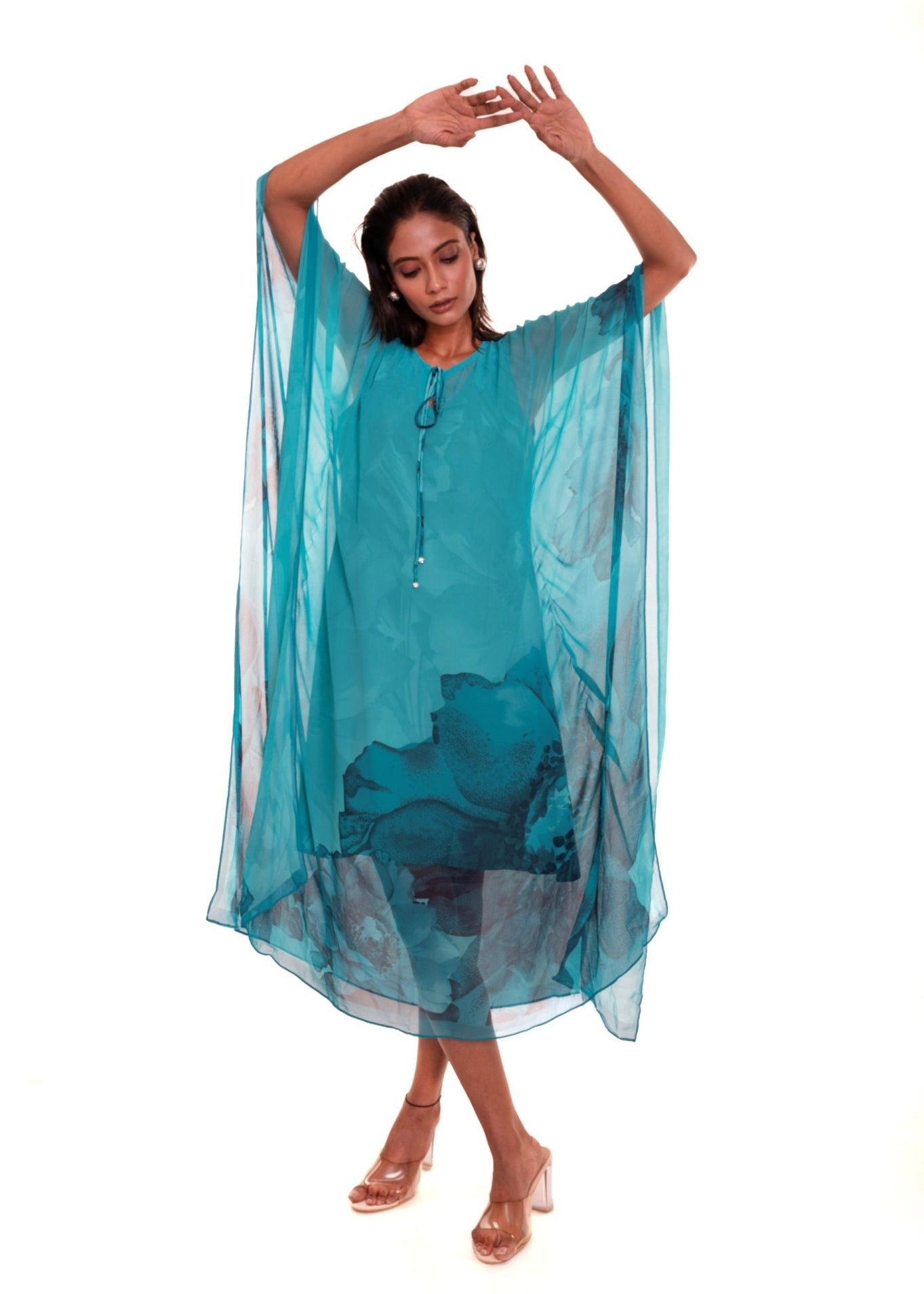 Blue Floral Georgette Kaftan Dress - Anvi Couture