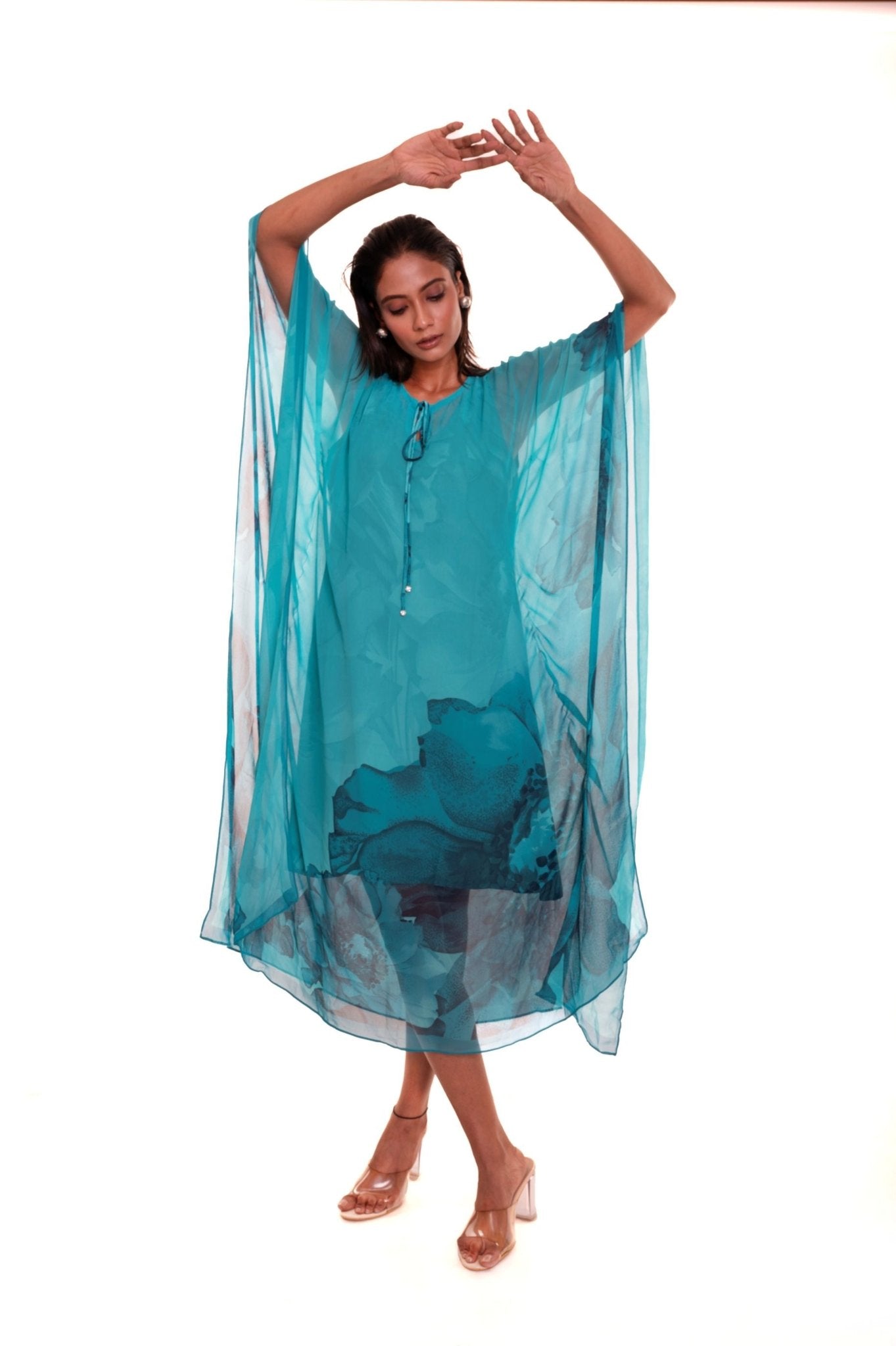 Blue Floral Georgette Kaftan Dress - Anvi Couture