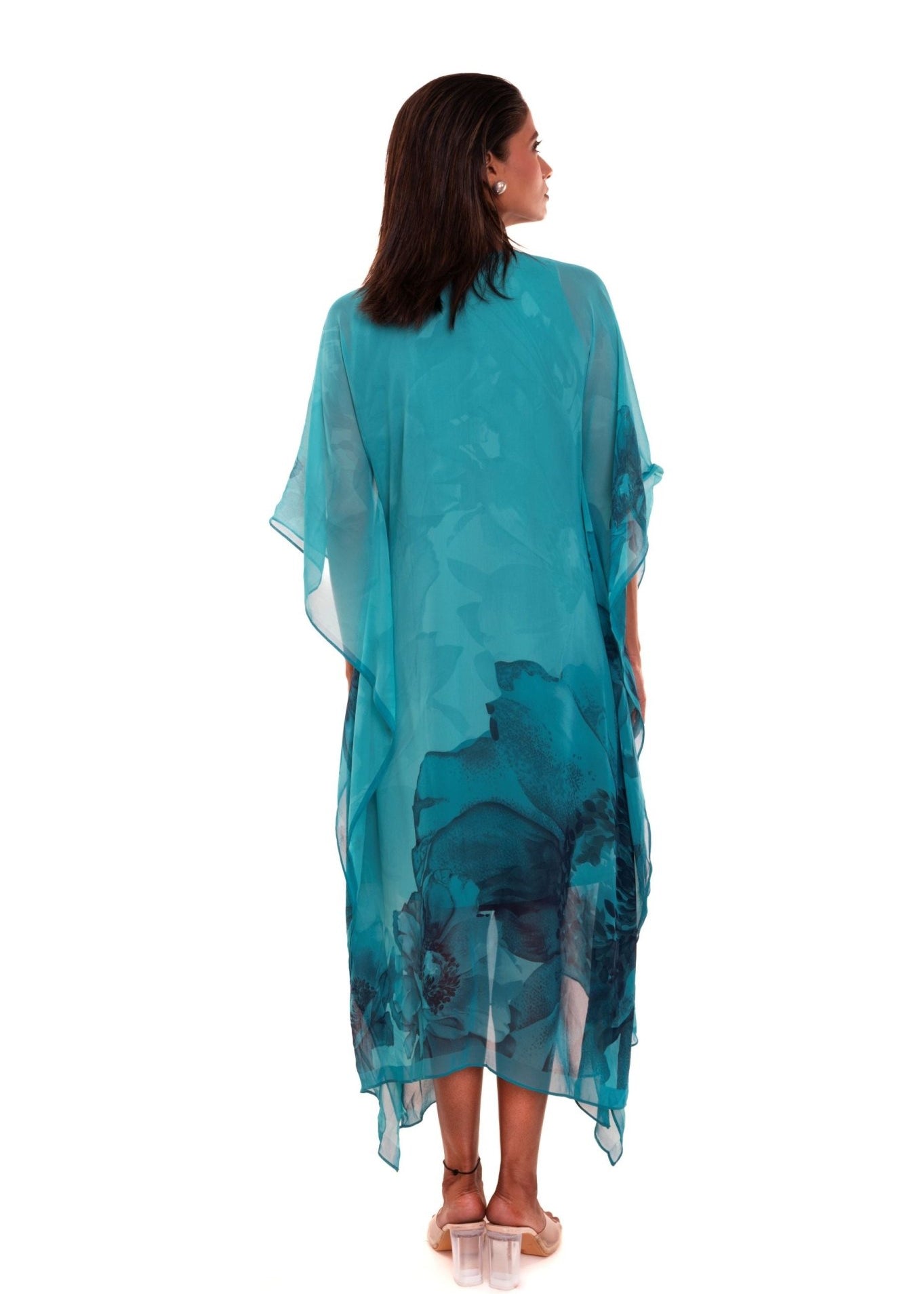 Blue Floral Georgette Kaftan Dress - Anvi Couture