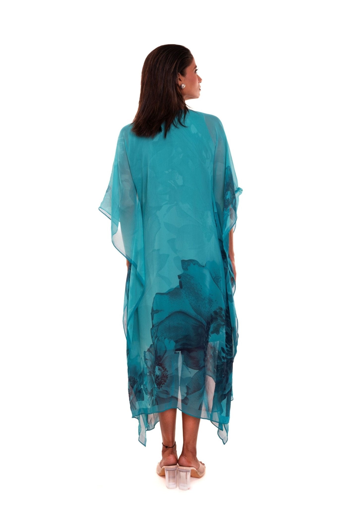 Blue Floral Georgette Kaftan Dress - Anvi Couture