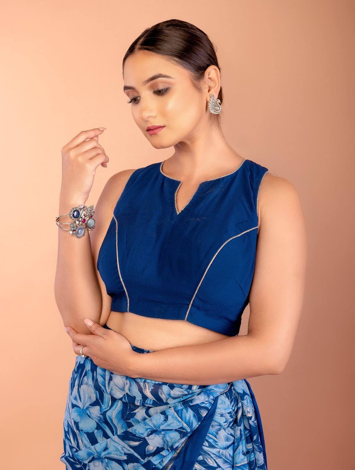 Blue Floral Georgette Saree with Blouse Set - Anvi Couture