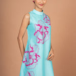 Blue Floral Hand Embroidered Mini Dress Close Up