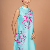 Blue Floral Hand Embroidered Mini Dress Close Up