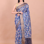 Blue Floral Printed Chanderi Silk Saree full