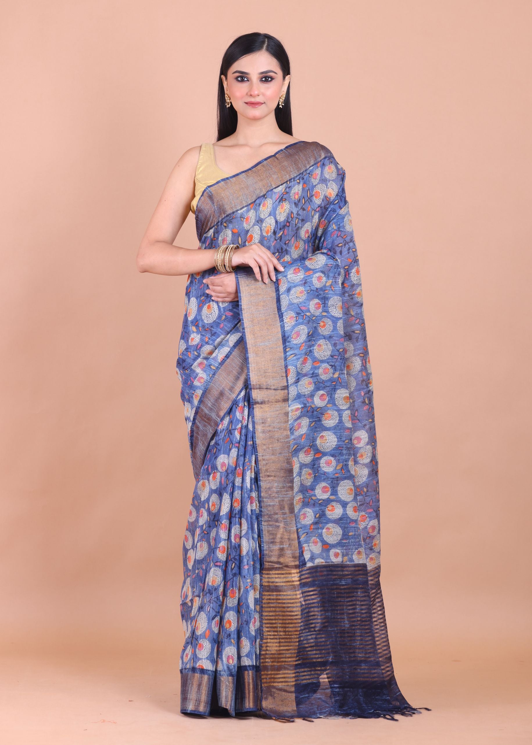 Blue Floral Printed Chanderi Silk Saree full