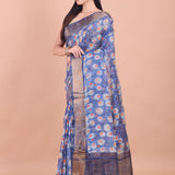 Blue Floral Printed Chanderi Silk Saree front