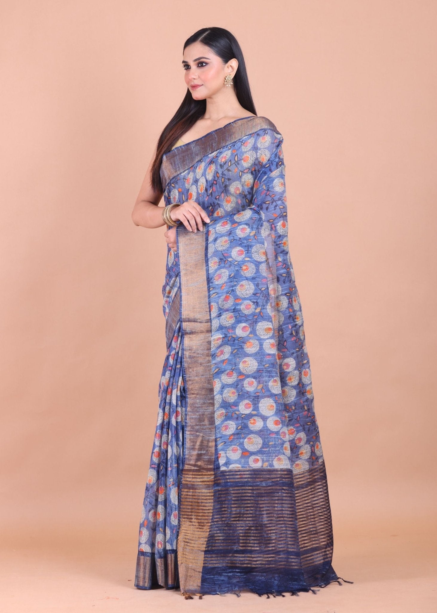 Blue Floral Printed Chanderi Silk Saree - Anvi Couture