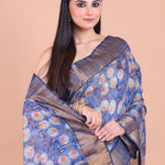 Blue Floral Printed Chanderi Silk Saree close up