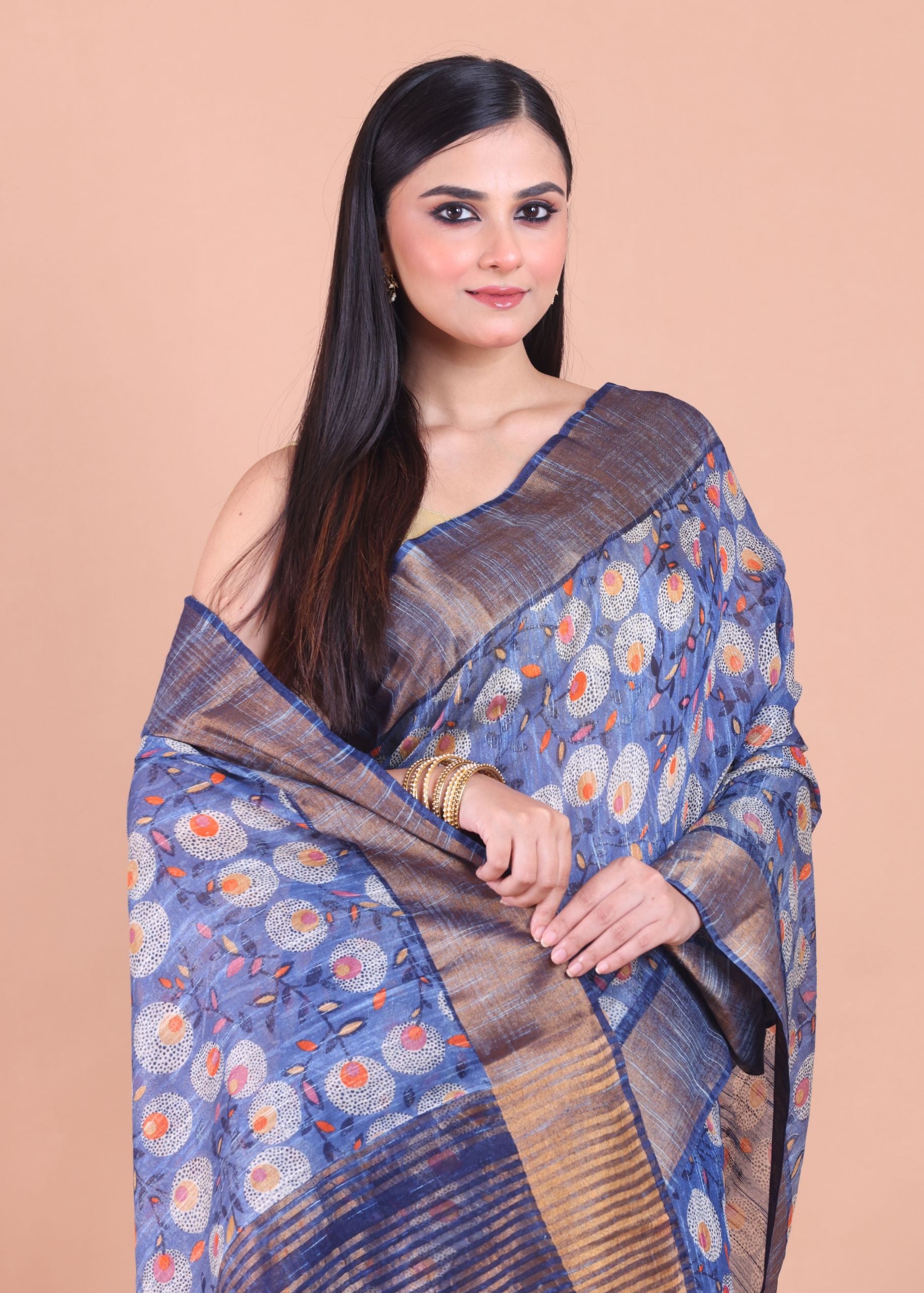 Blue Floral Printed Chanderi Silk Saree close up