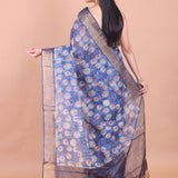 Blue Floral Printed Chanderi Silk Saree back