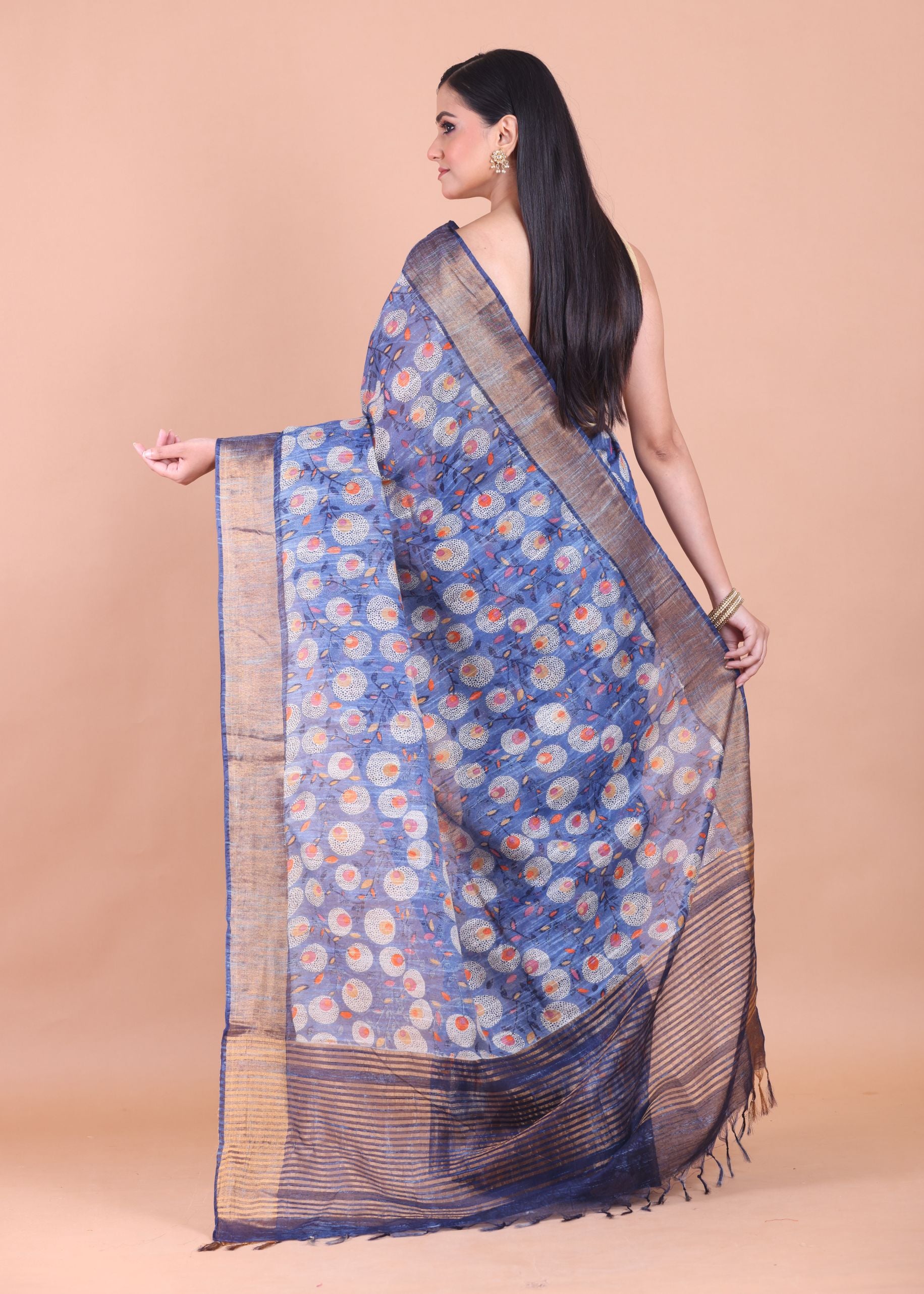 Blue Floral Printed Chanderi Silk Saree back
