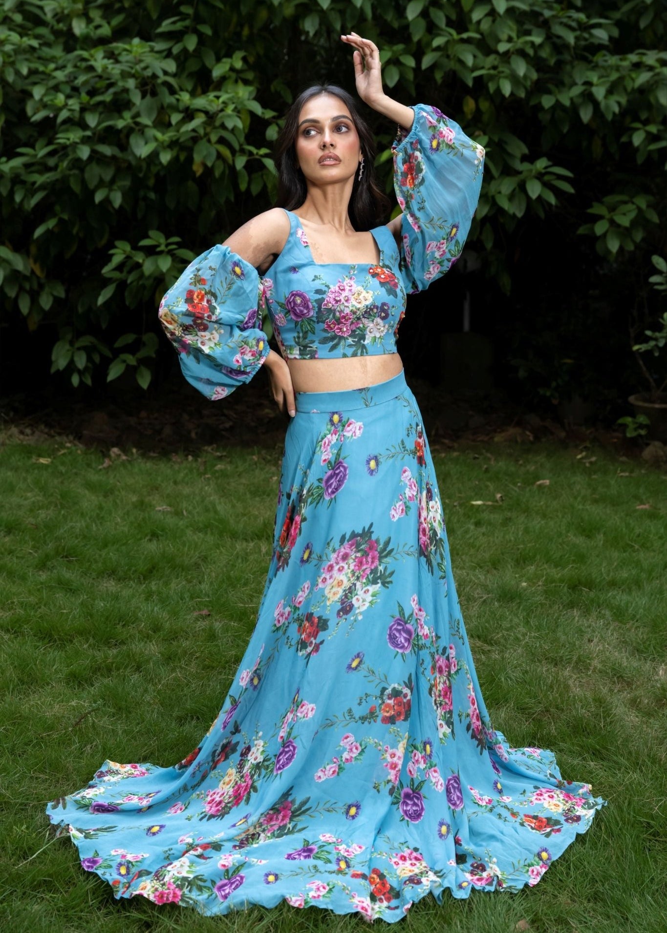 Blue Floral Printed Georgette Lehenga Set - Anvi Couture