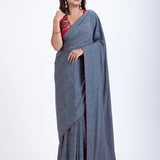 Blue Floral Printed Saree Set with Red Embroidered Sleeveless Blouse Full