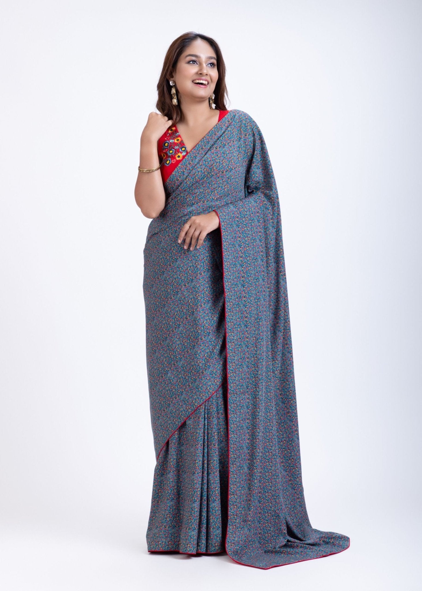 Blue Floral Printed Saree Set with Red Embroidered Sleeveless Blouse - Anvi Couture