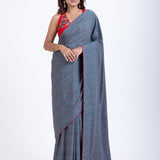 Blue Floral Printed Saree Set with Red Embroidered Sleeveless Blouse Front