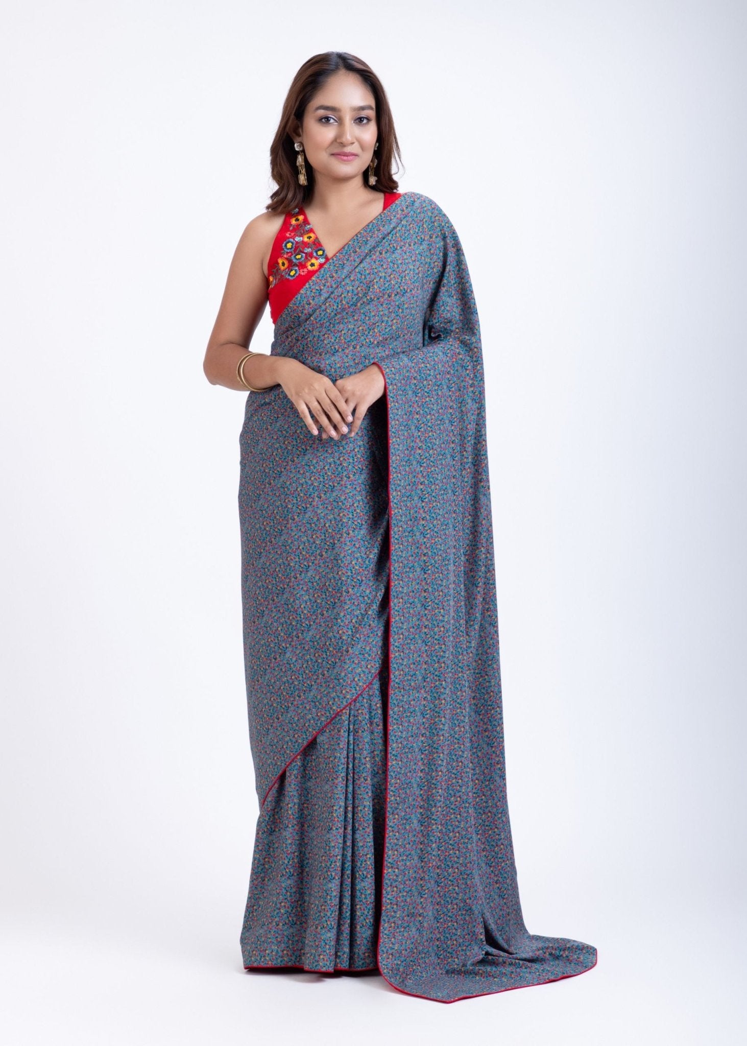 Blue Floral Printed Saree Set with Red Embroidered Sleeveless Blouse - Anvi Couture