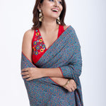 Blue Floral Printed Saree Set with Red Embroidered Sleeveless Blouse Close Up