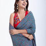 Blue Floral Printed Saree Set with Red Embroidered Sleeveless Blouse Close Up