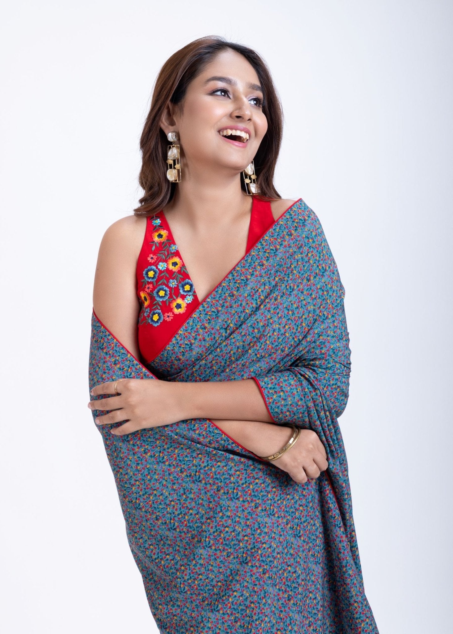 Blue Floral Printed Saree Set with Red Embroidered Sleeveless Blouse - Anvi Couture