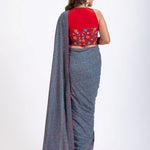 Blue Floral Printed Saree Set with Red Embroidered Sleeveless Blouse Back