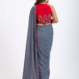 Blue Floral Printed Saree Set with Red Embroidered Sleeveless Blouse Back