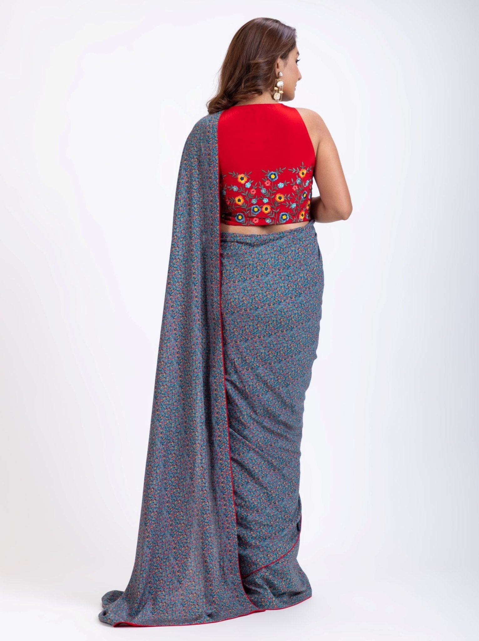 Blue Floral Printed Saree Set with Red Embroidered Sleeveless Blouse - Anvi Couture