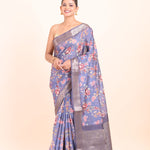 Blue Floral Printed Silk Saree with Golden Border Front View