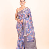 Blue Floral Printed Silk Saree with Golden Border Front View