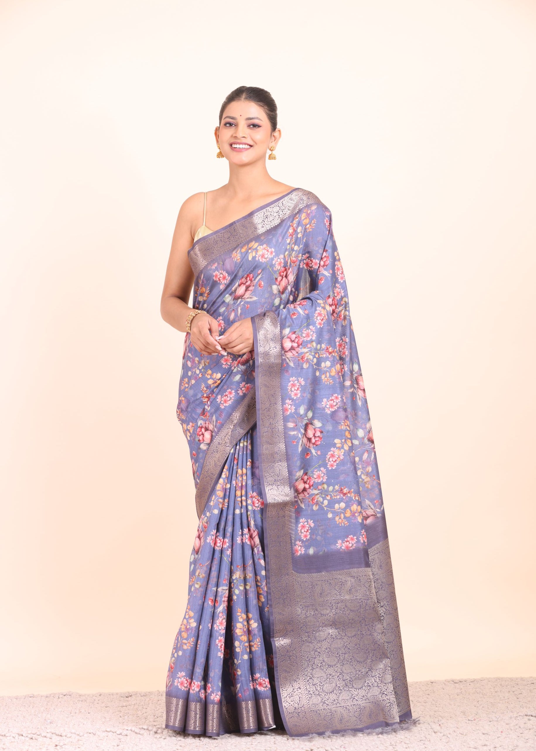 Blue Floral Printed Silk Saree with Golden Border Front View
