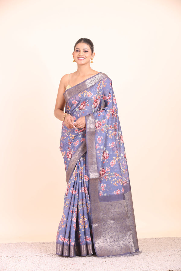 Blue Floral Printed Silk Saree with Golden Border Front View