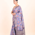 Blue Floral Printed Silk Saree with Golden Border Side View