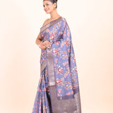 Blue Floral Printed Silk Saree with Golden Border Side View