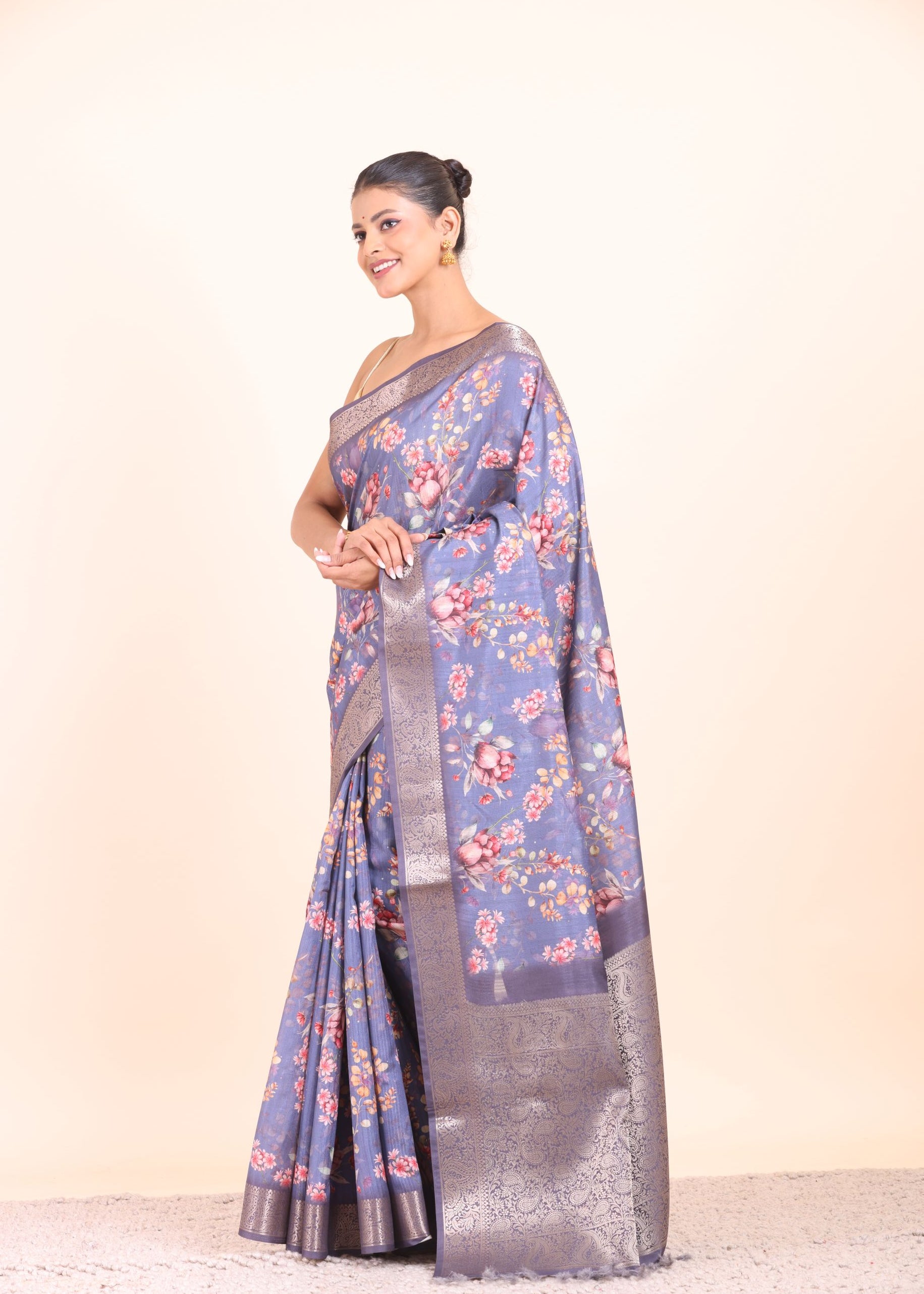 Blue Floral Printed Silk Saree with Golden Border Side View