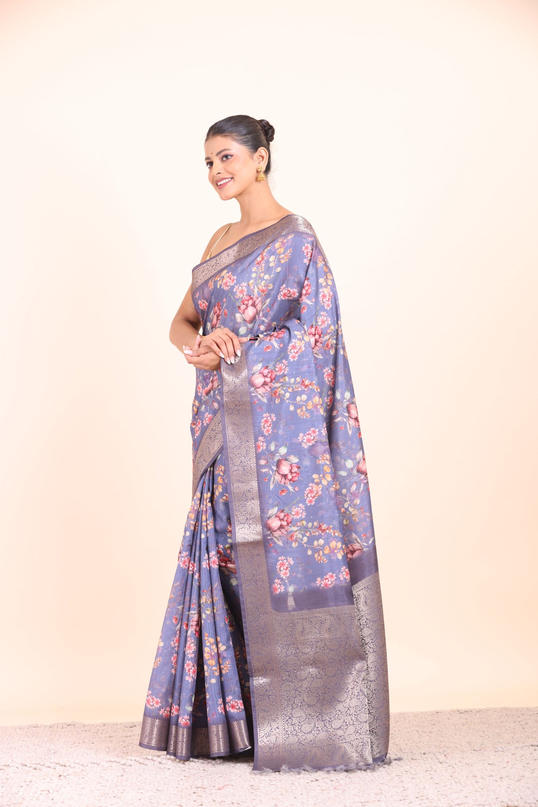 Blue Floral Printed Silk Saree with Golden Border Side View