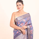 Blue Floral Printed Silk Saree with Golden Border Close Up View