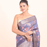 Blue Floral Printed Silk Saree with Golden Border Close Up View