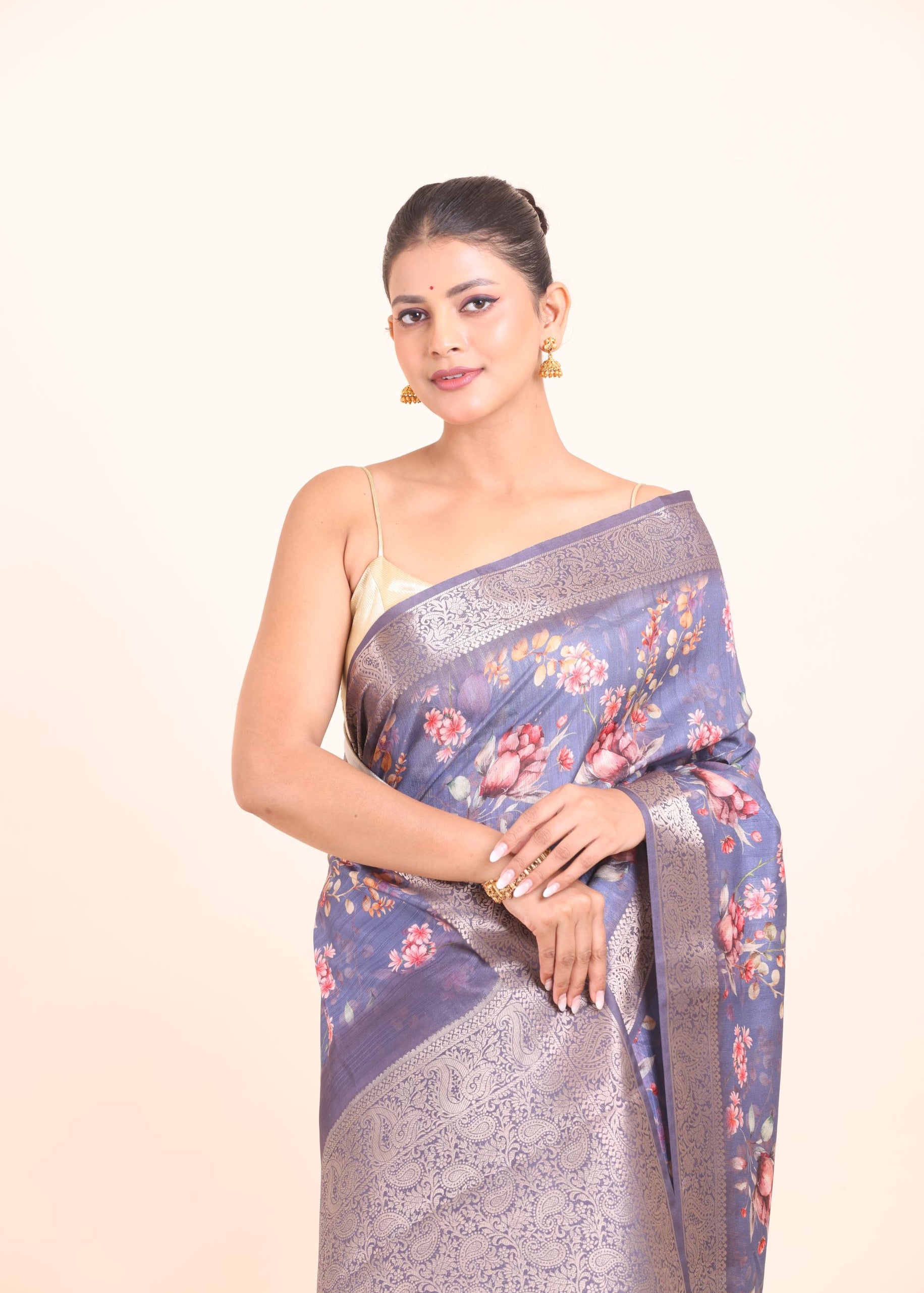 Blue Floral Printed Silk Saree with Golden Border Close Up View