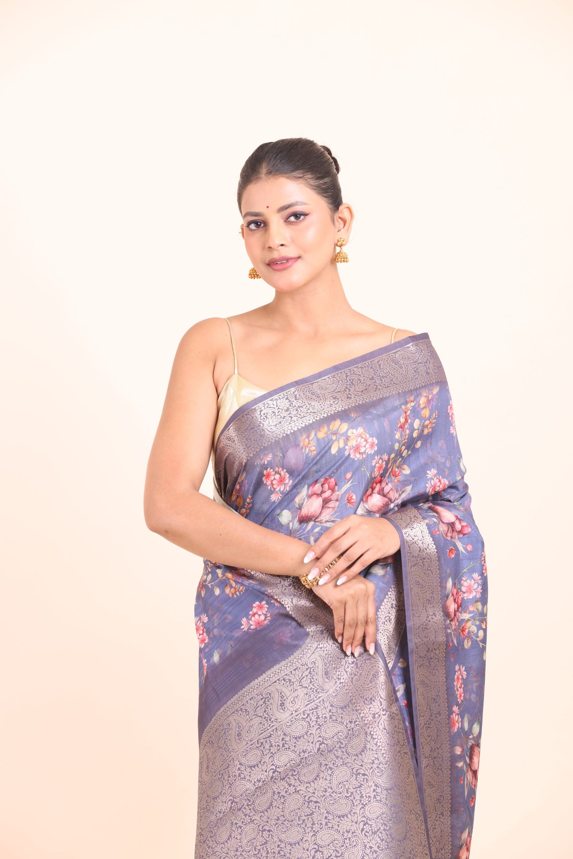 Blue Floral Printed Silk Saree with Golden Border Close Up View