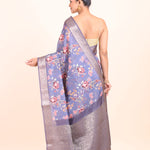 Blue Floral Printed Silk Saree with Golden Border Back View