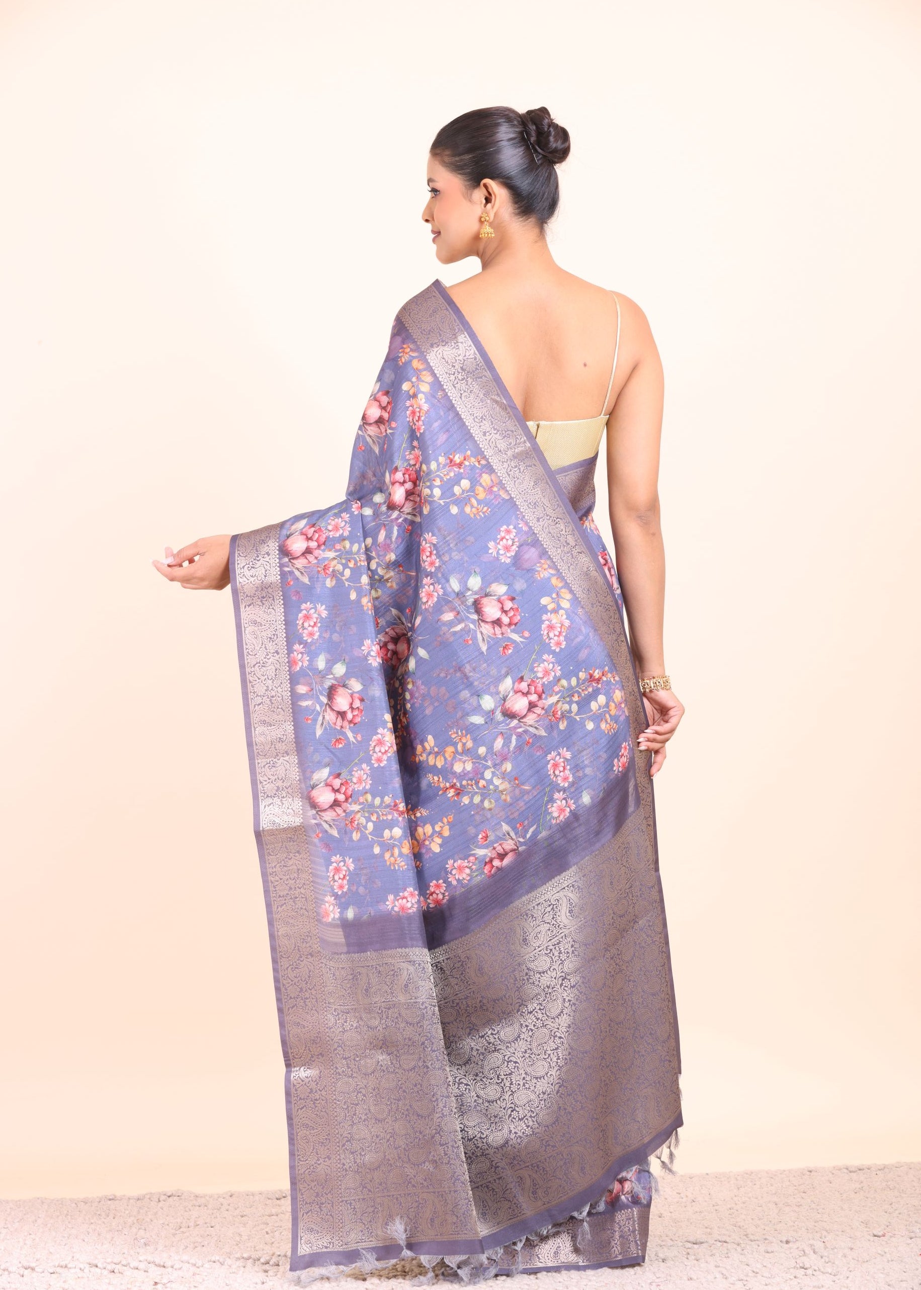 Blue Floral Printed Silk Saree with Golden Border Back View