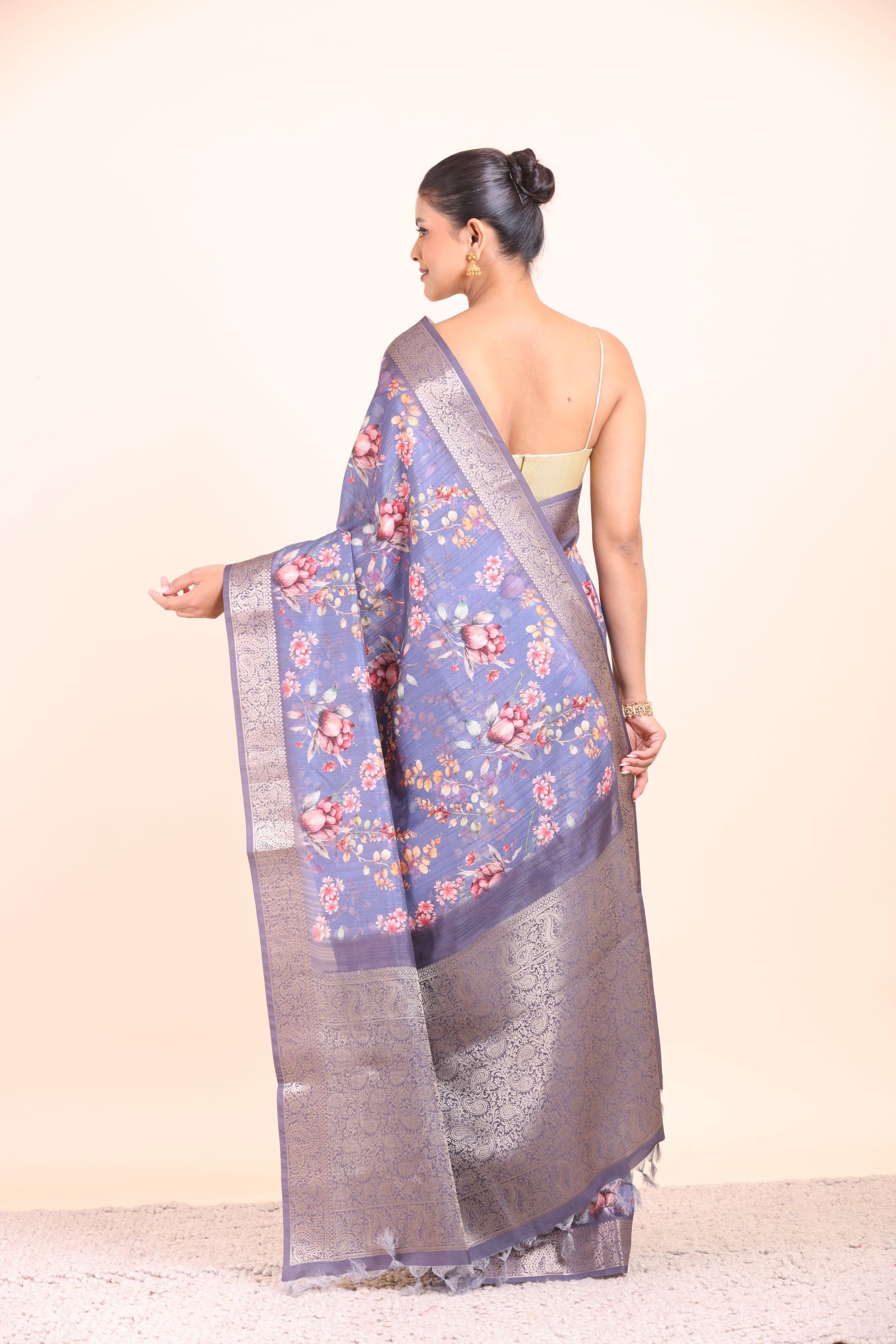 Blue Floral Printed Silk Saree with Golden Border Back View