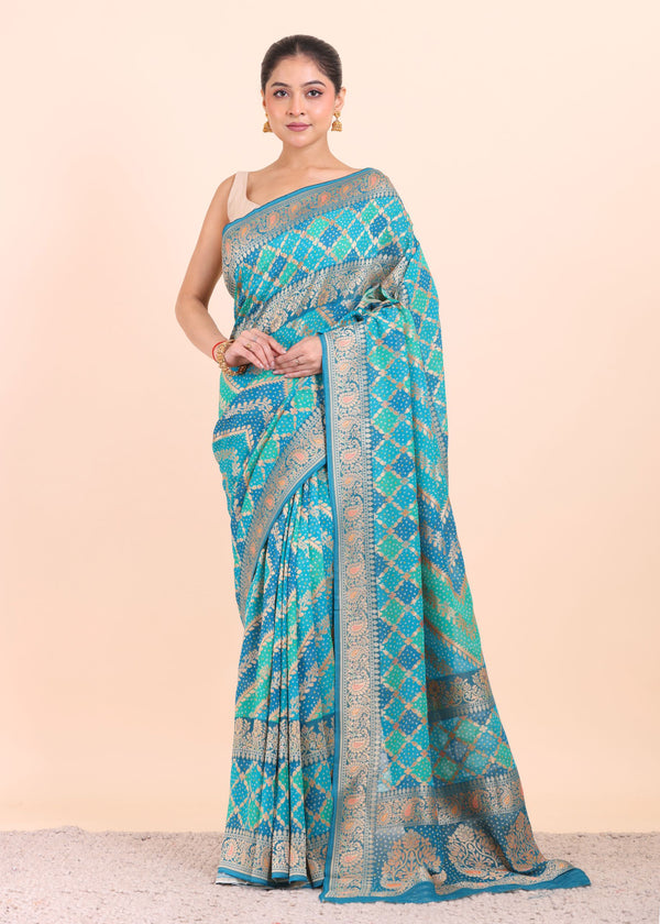 Blue Georgette Bandhani Saree Front View
