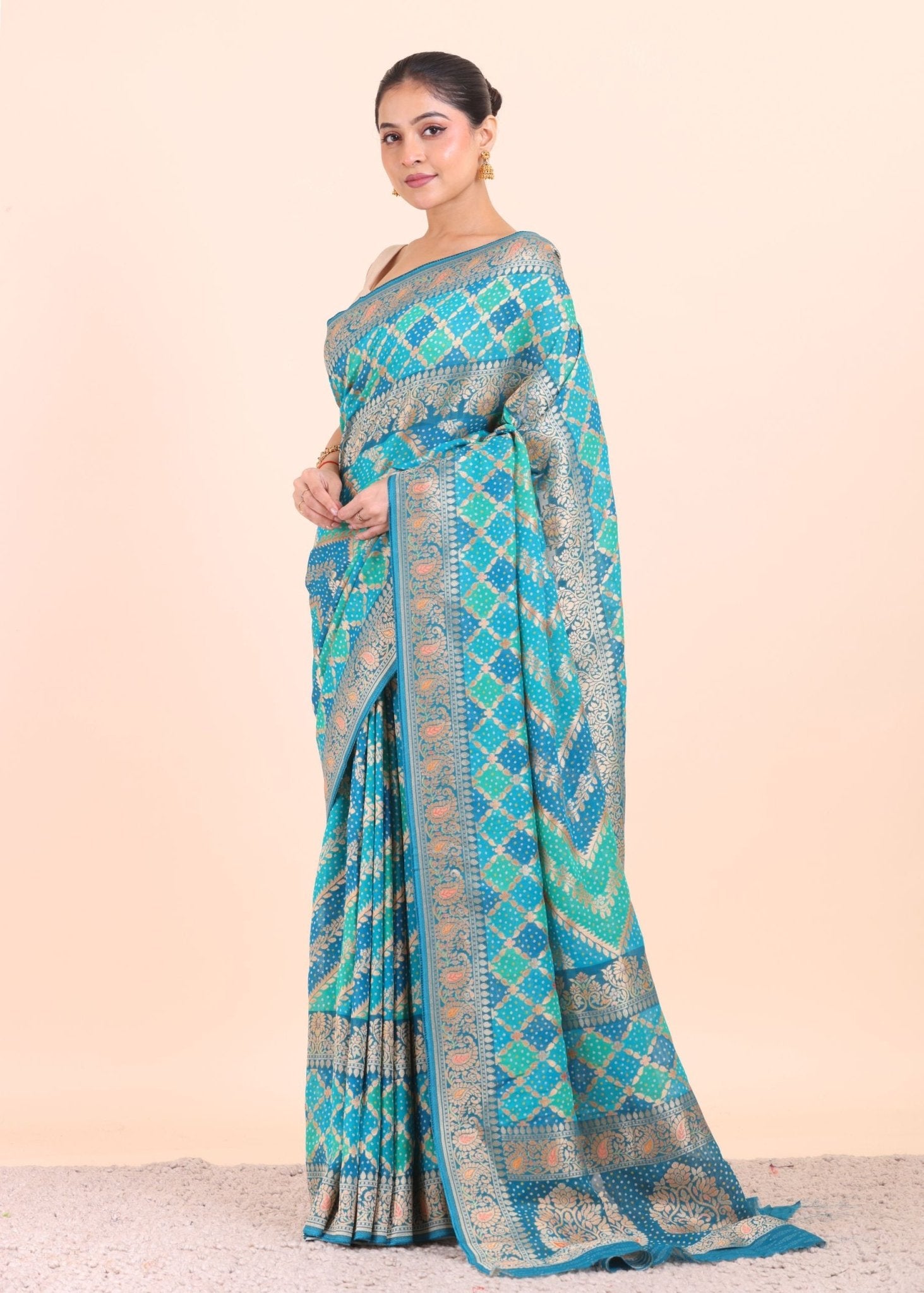Blue Georgette Bandhani Saree - Anvi Couture