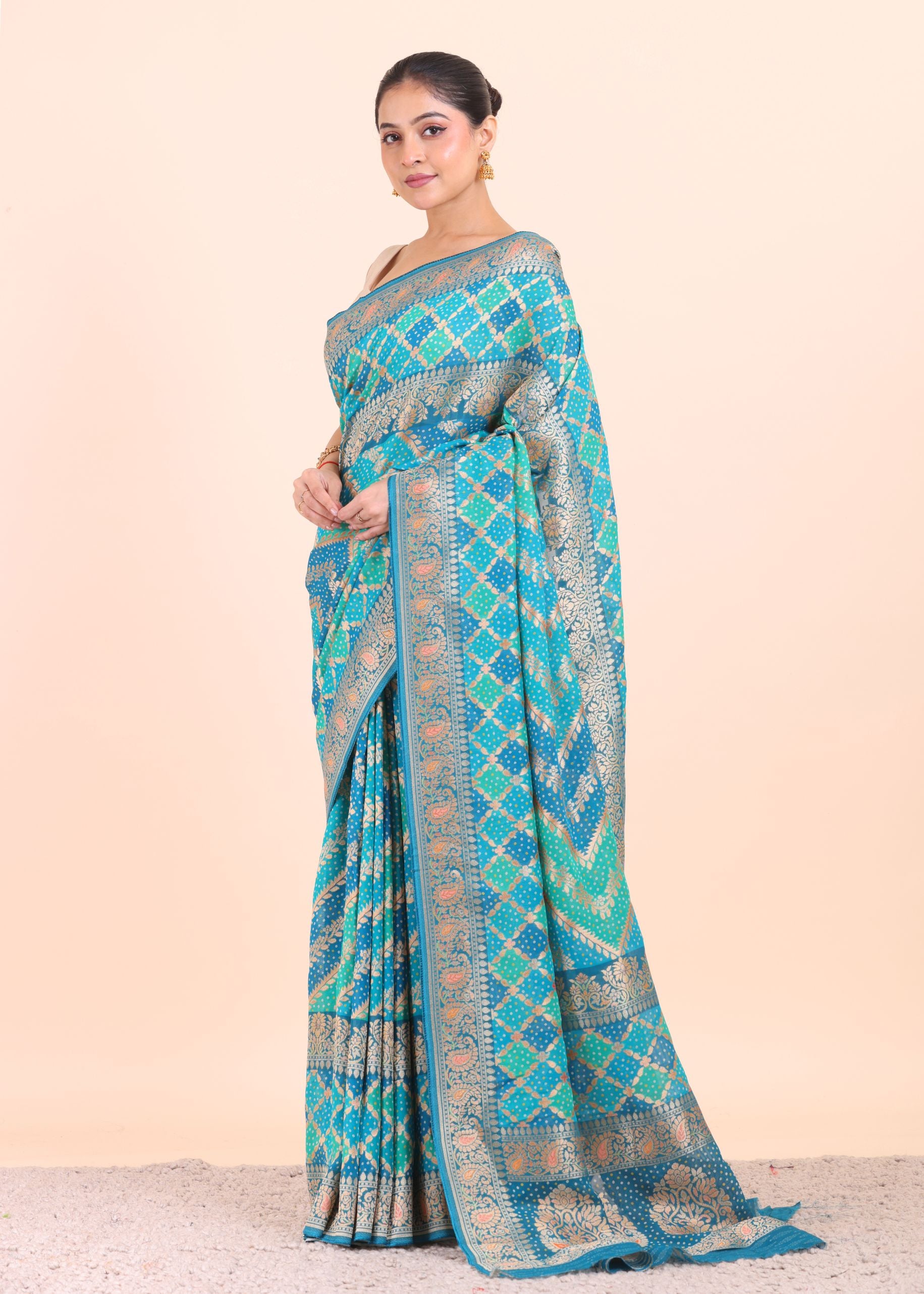 Blue Georgette Bandhani Saree Side View