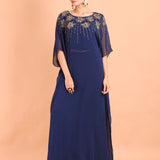 Blue Georgette Embroidered Kaftan Dress - Anvi Couture