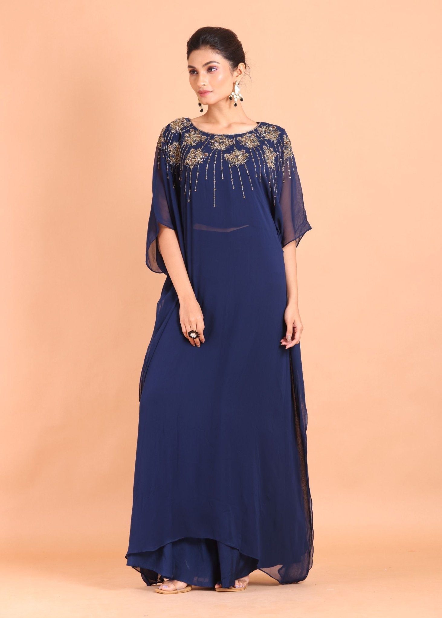 Blue Georgette Embroidered Kaftan Dress - Anvi Couture