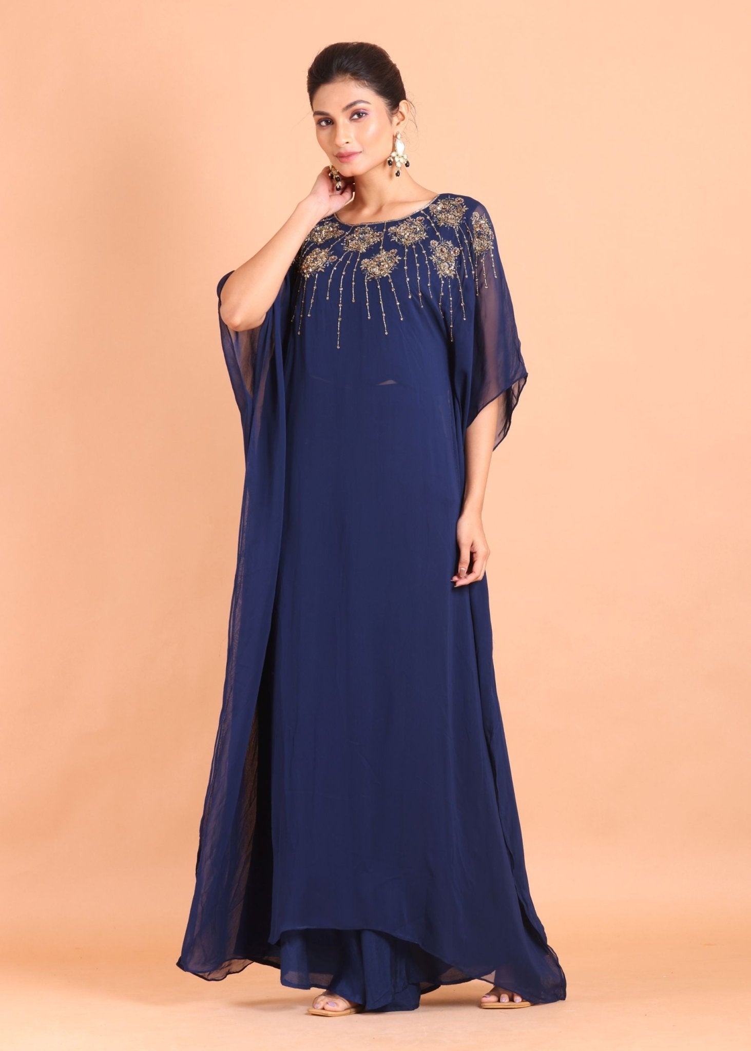 Blue Georgette Embroidered Kaftan Dress - Anvi Couture
